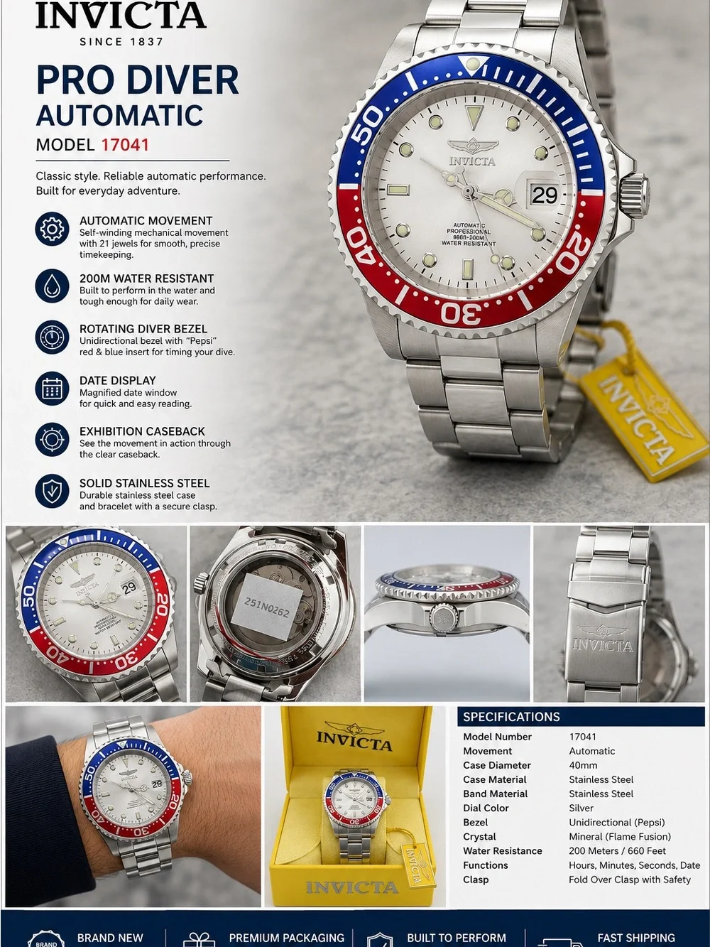 INVICTA PRO DIVER 17041 AUTOMATIC – PEPSI BEZEL – BRAND NEW